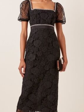 Self-Portrait Black Floral Lace Square-Neck Midi Dress with Puff Sleeves